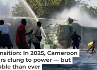 Protesters run as Cameroonian security forces use water cannons to disperse them during the country’s latest election, whose integrity was widely challenged. AP Photo/Welba Yamo Pascal